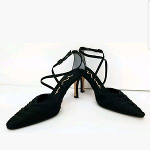 NINA Women's Sienna Black Luster Satin  Heels